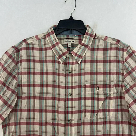 Toad & Co Button-Up Shirt Men's Sz L Red Beige Plaid Collared Chest Pocket - Picture 6 of 12